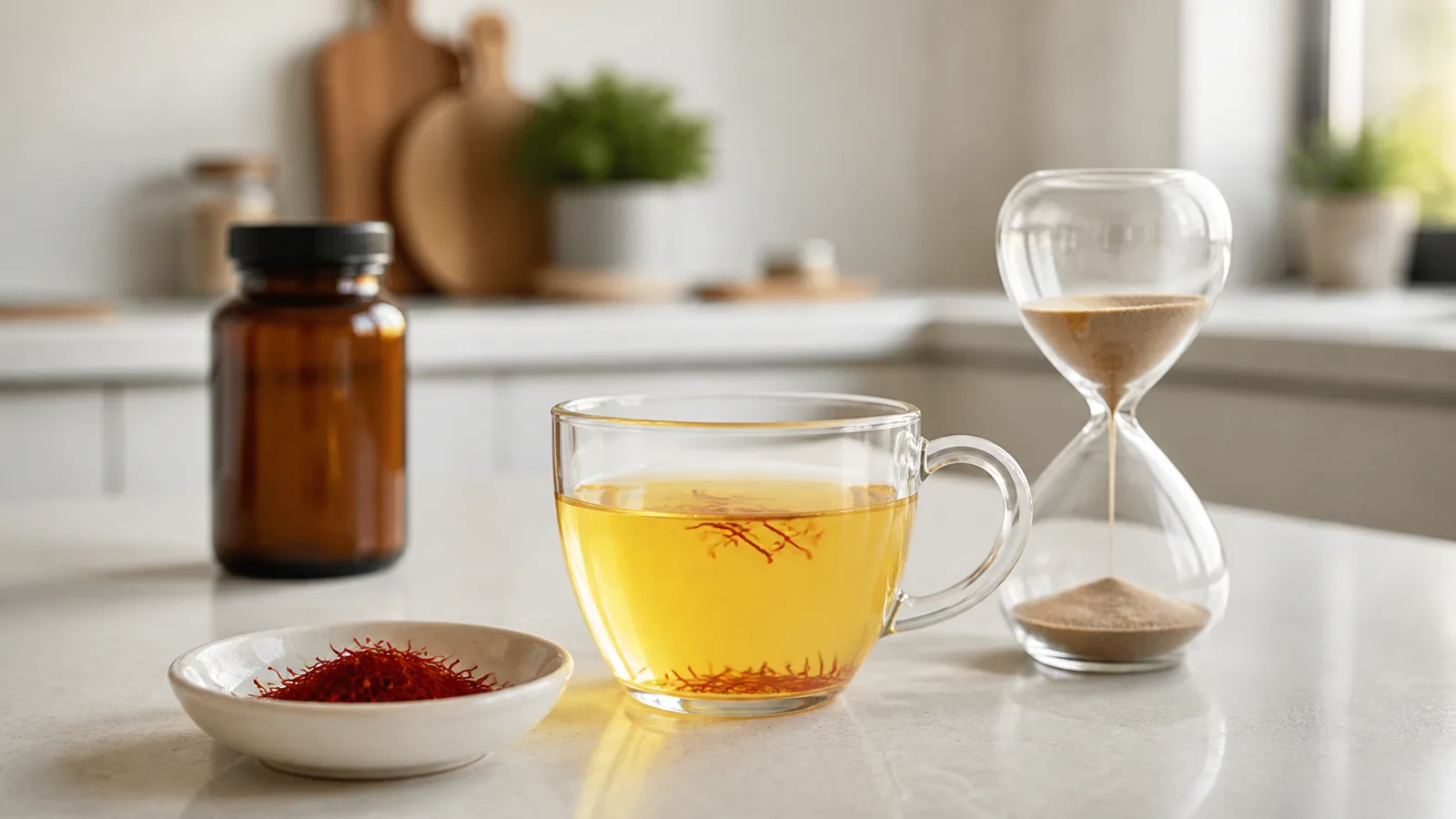 Golden saffron infusion beside an hourglass and closed supplement bottle