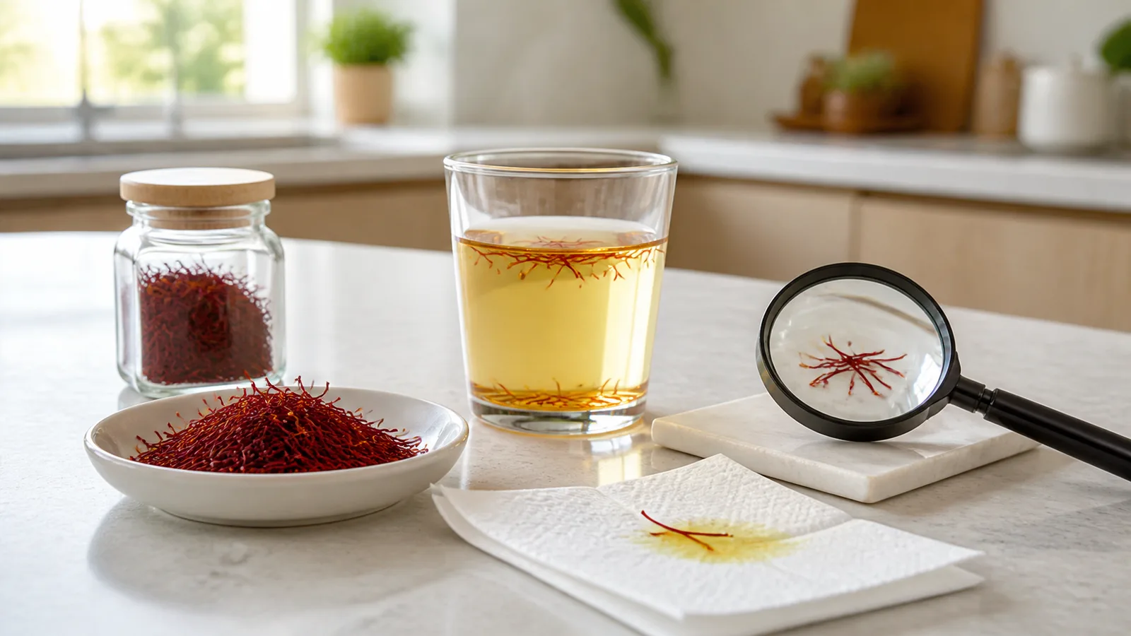 Saffron threads, warm water and a magnifying glass arranged for home inspection