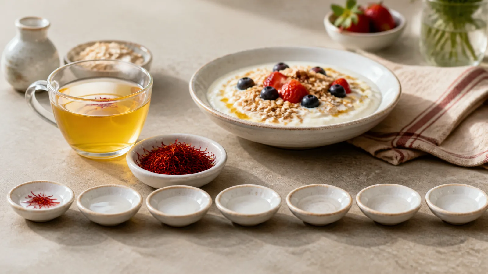 Saffron threads and a golden infusion beside a simple daily breakfast