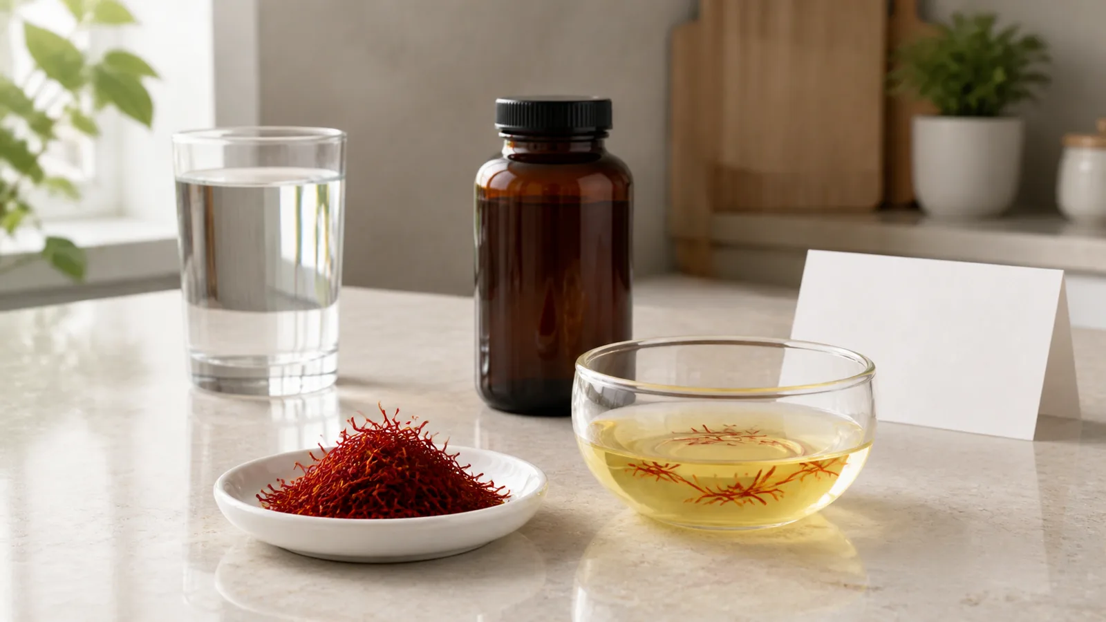 Saffron threads beside a culinary infusion and an unlabelled supplement bottle