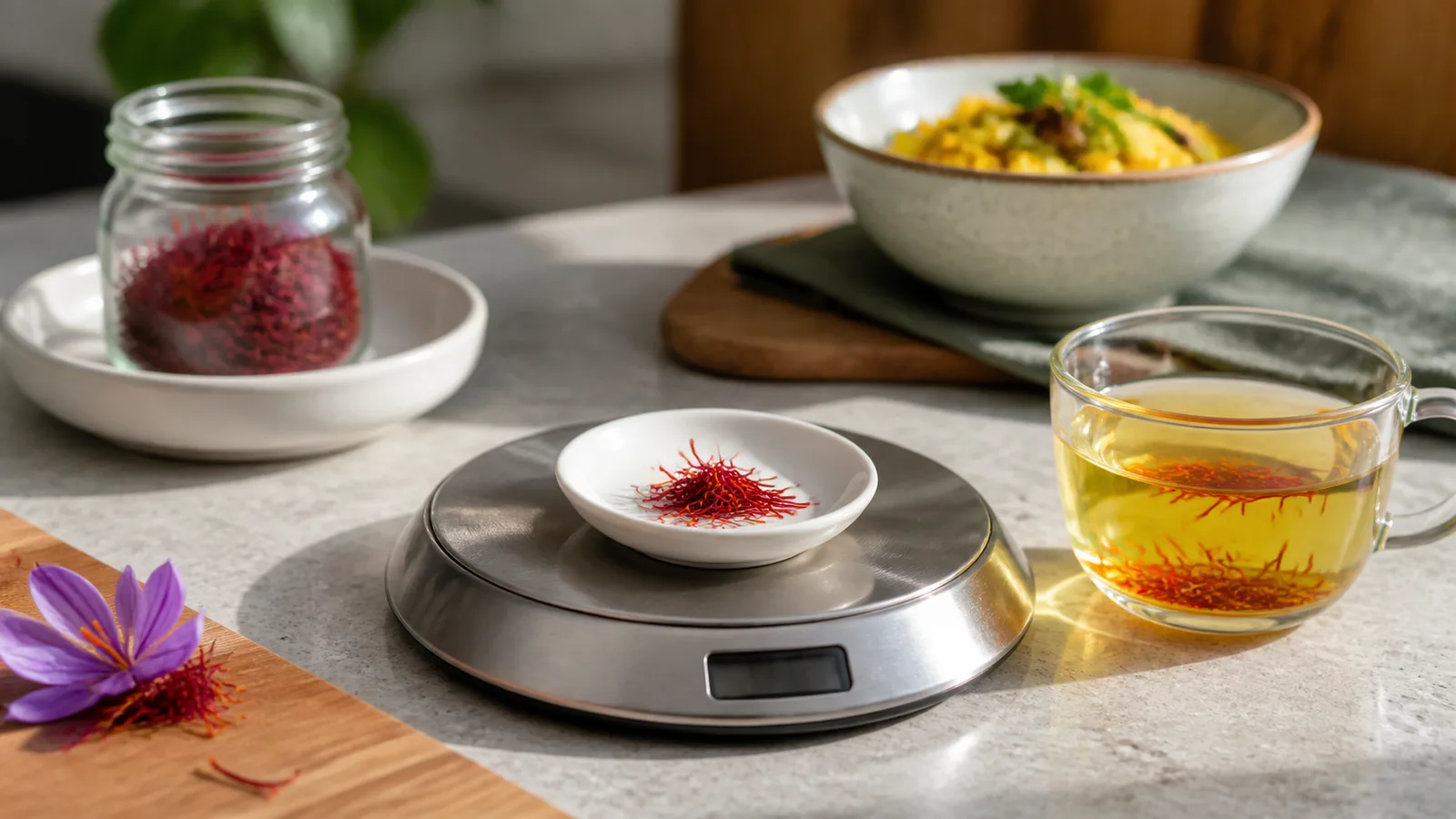 A small measured culinary portion of saffron beside a digital scale and infusion