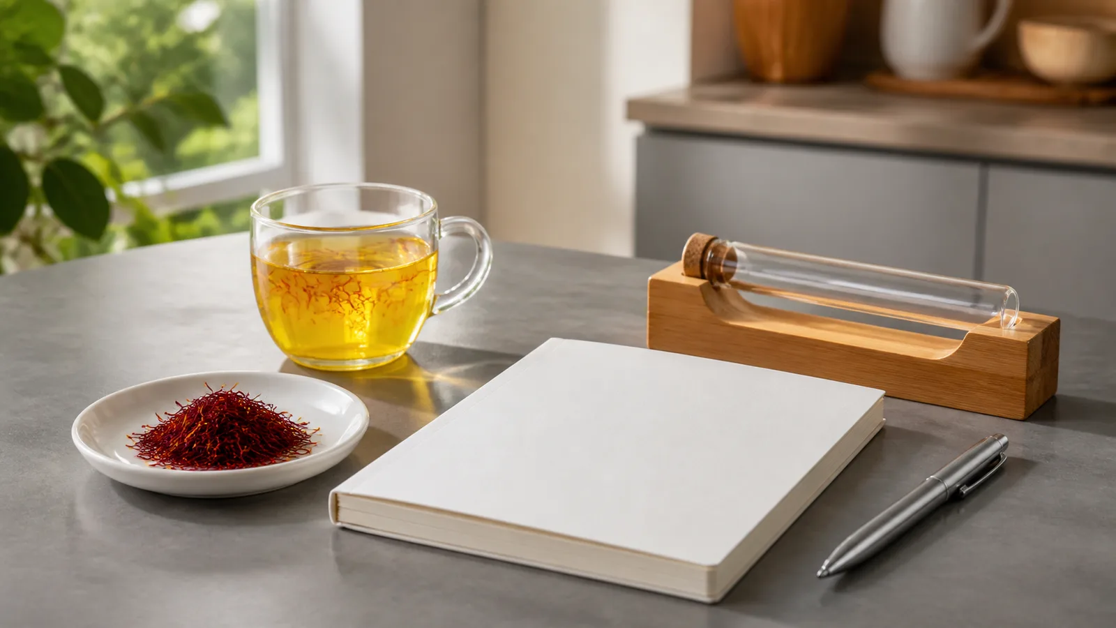 Saffron threads and infusion beside a blank laboratory notebook