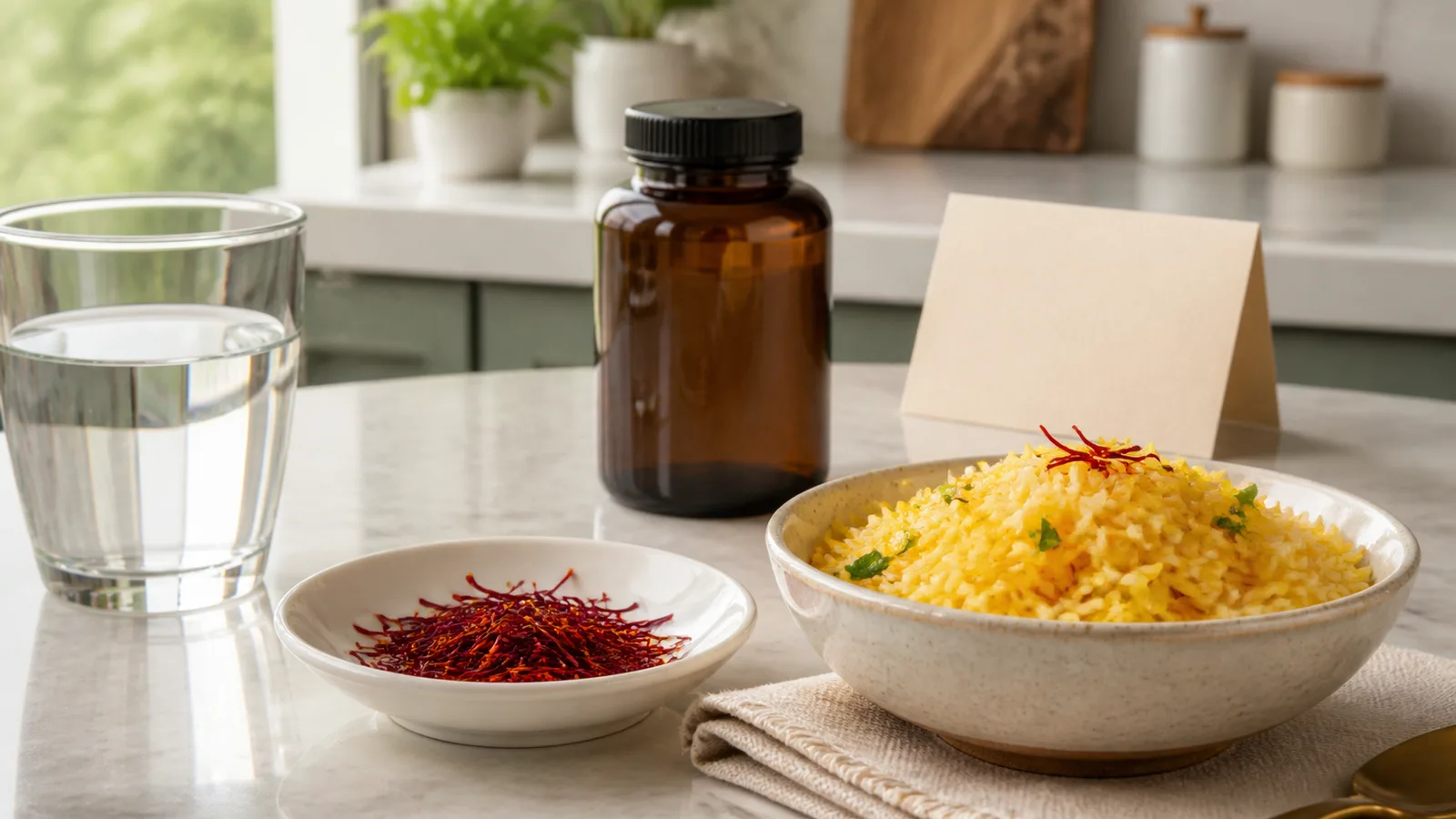 A small dish of saffron beside a food bowl and an unlabelled supplement bottle