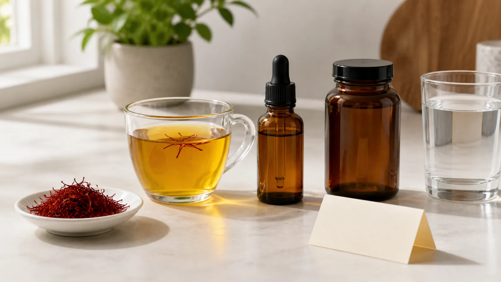 Saffron threads, tea and sealed supplement forms arranged for comparison
