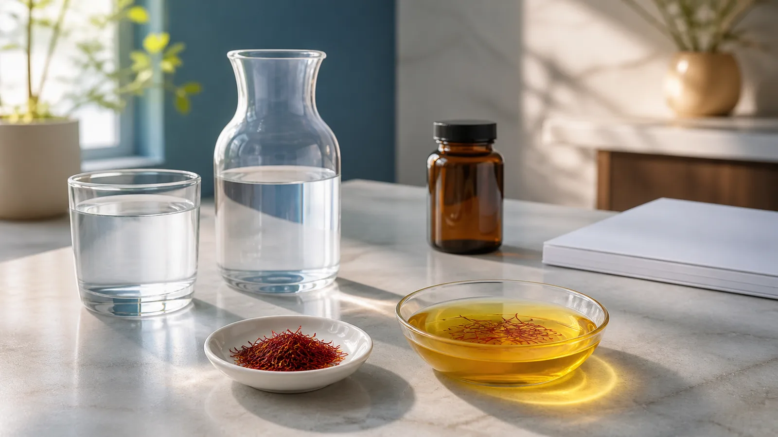 Saffron threads and a culinary infusion beside water and a blank clinical folder