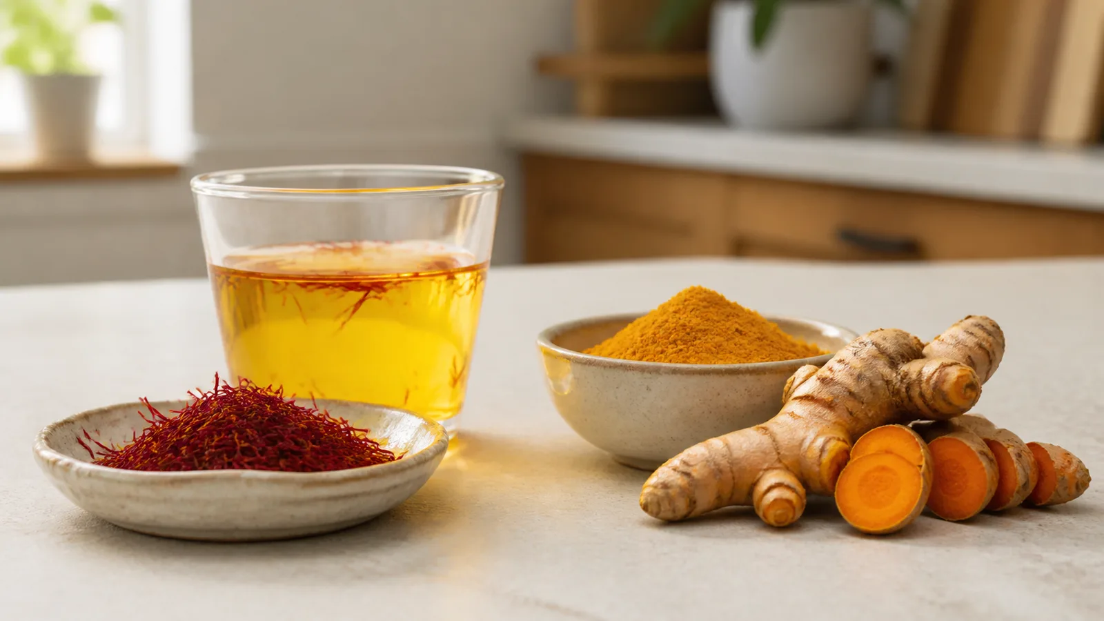 Saffron threads compared with turmeric root and powder