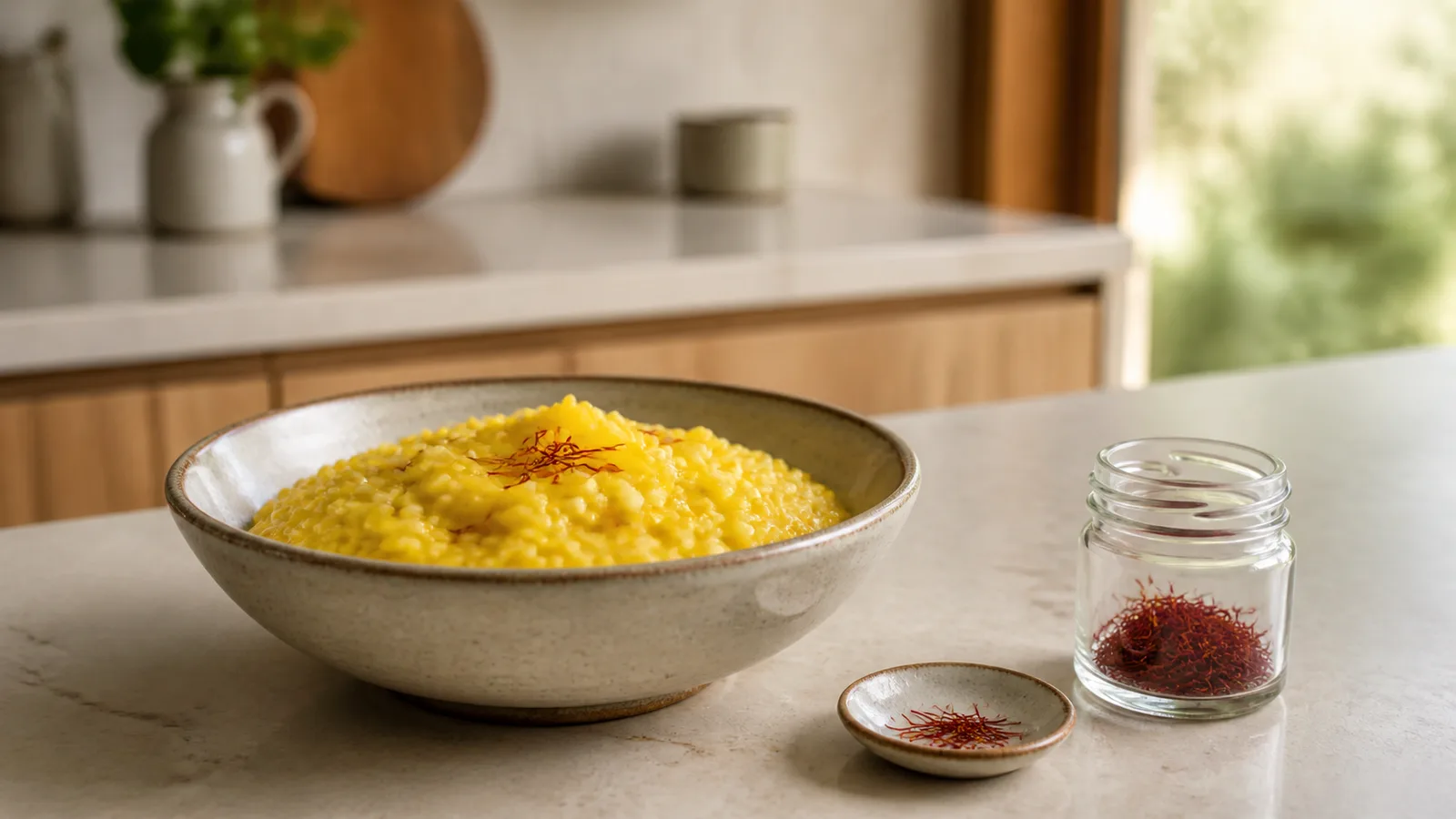 Saffron risotto with a small jar and pinch of saffron threads