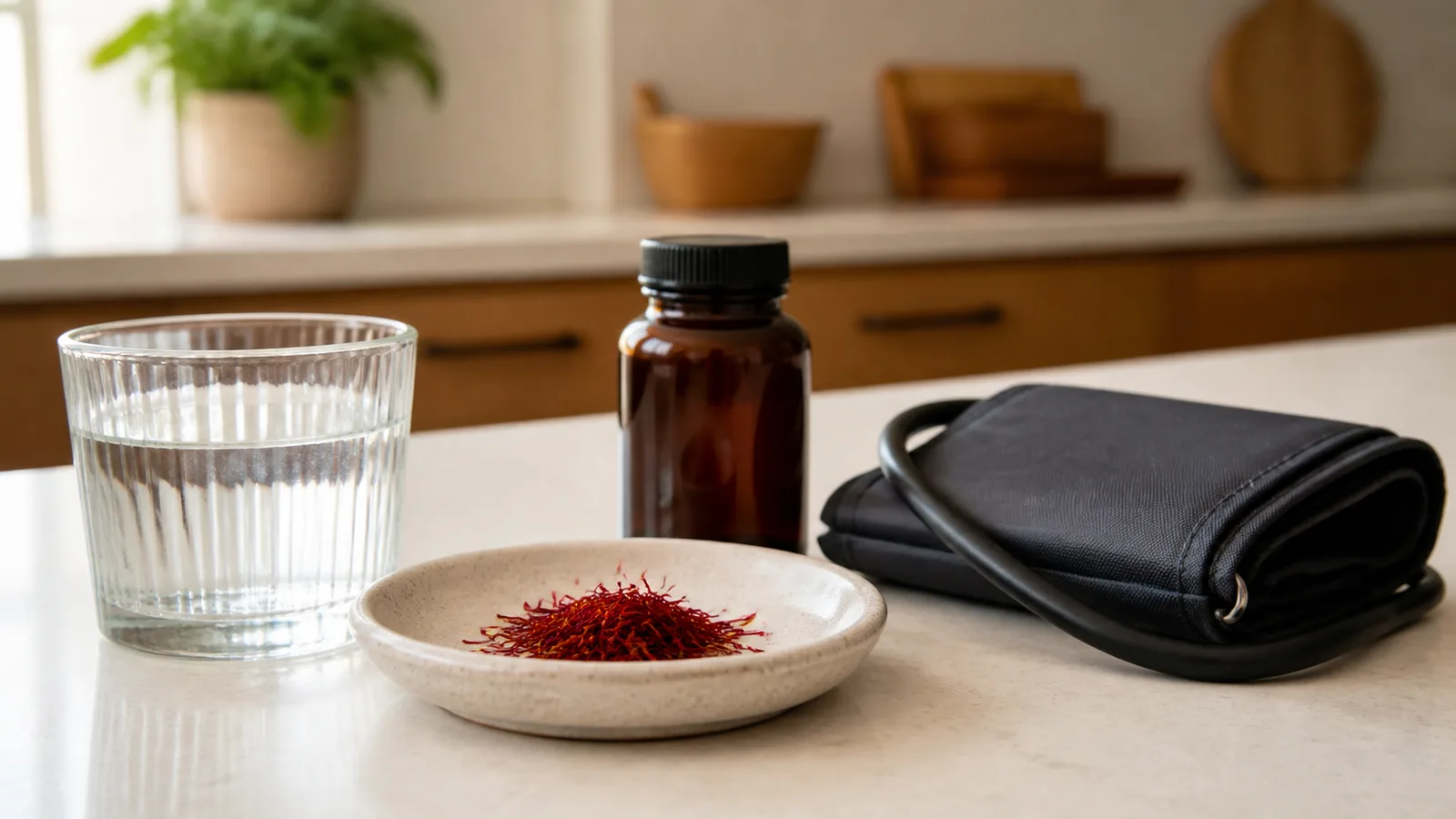 Saffron with a medicine bottle and blood pressure cuff for a safety review