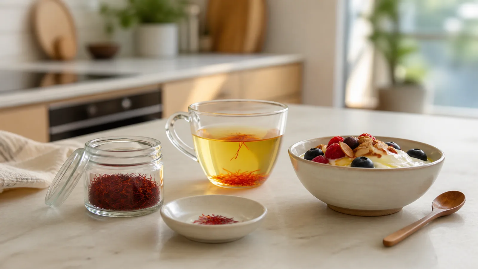 Small culinary saffron portion with an infusion and breakfast