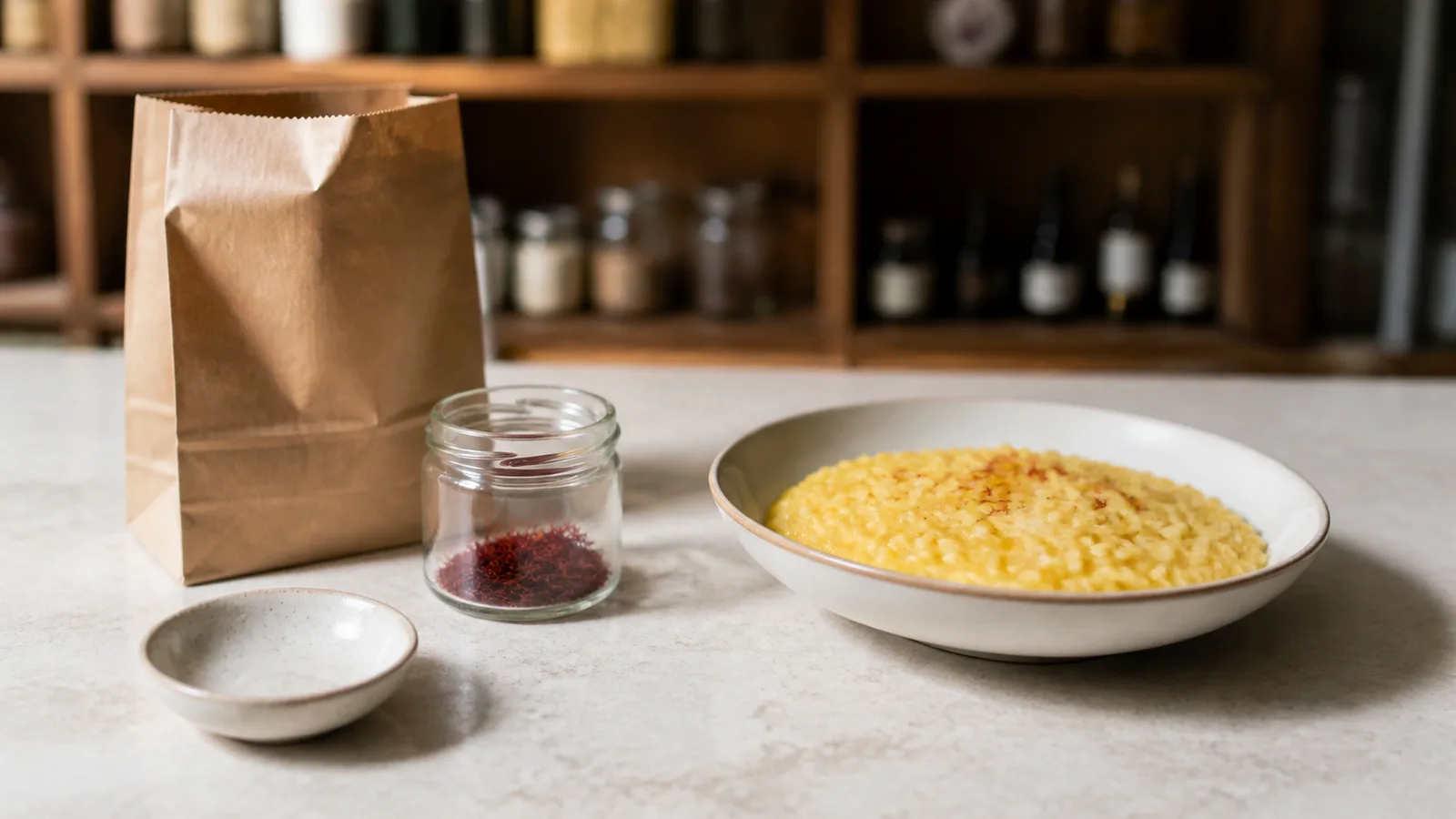 Saffron jar and risotto on an Italian delicatessen counter
