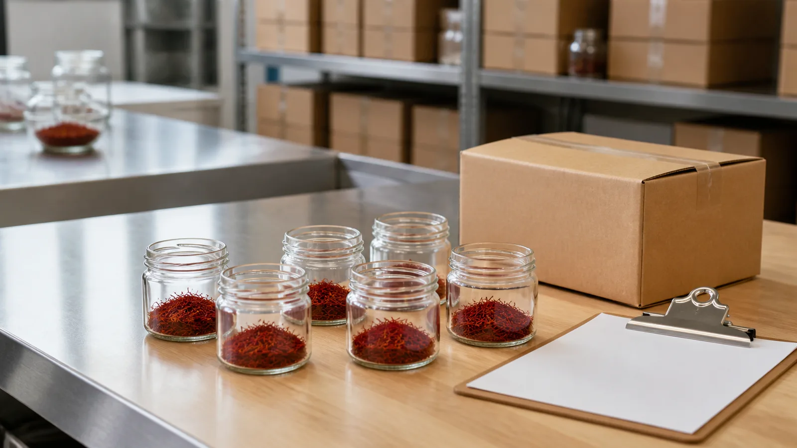 Saffron sample jars on a food import inspection counter