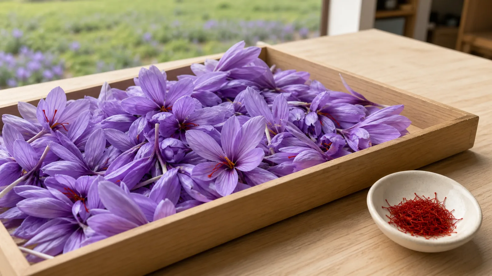 Tray of saffron crocus flowers beside a small amount of saffron threads