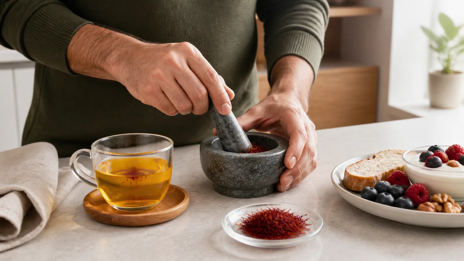 Man preparing saffron threads for a warm saffron drink
