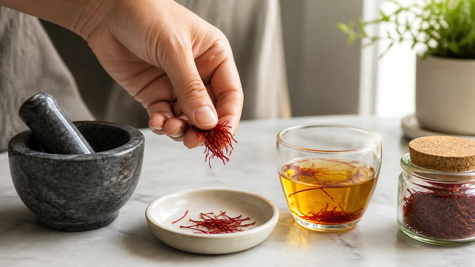 Hand holding raw saffron threads beside a warm saffron infusion