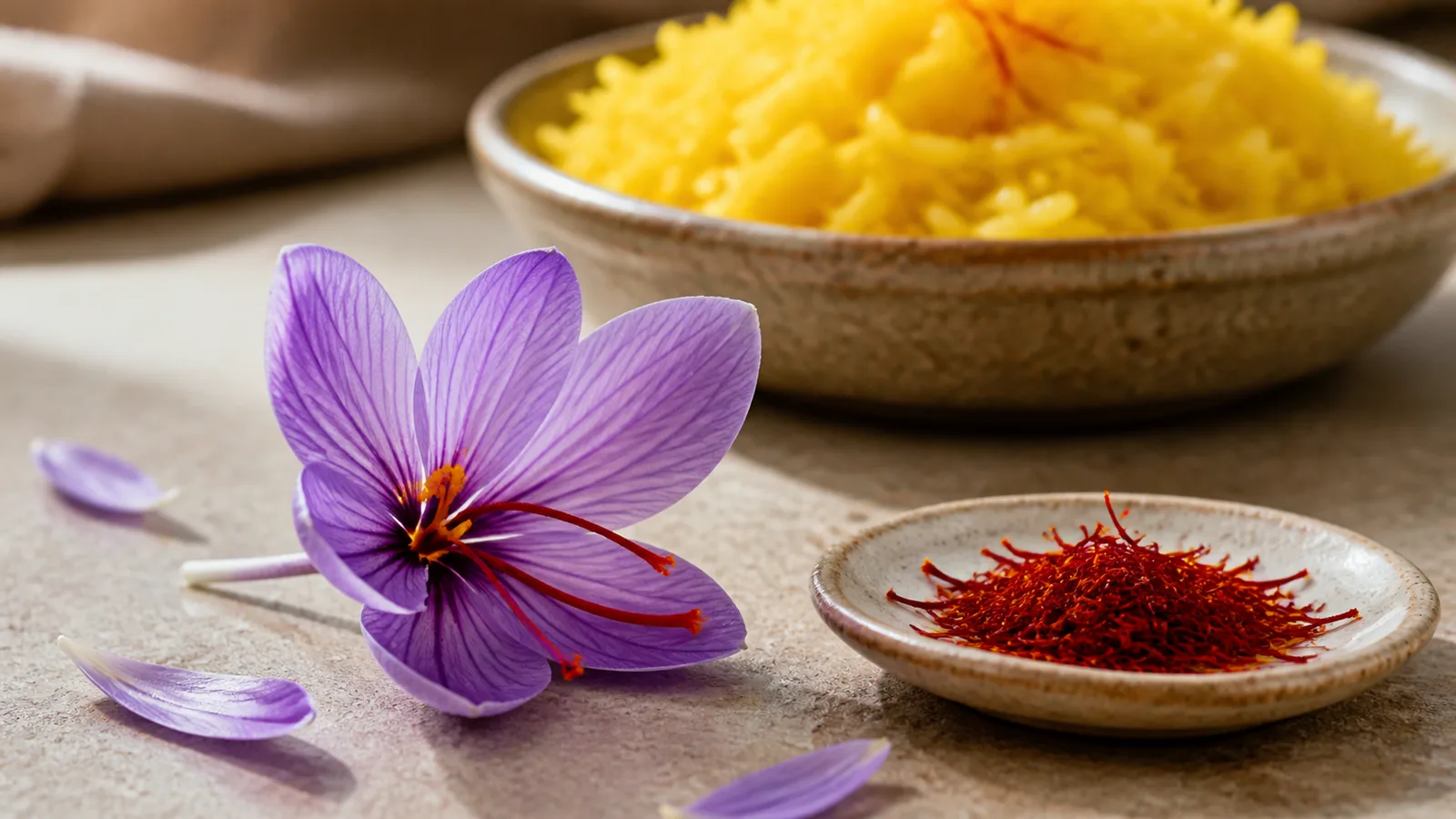 Crocus sativus flower and dried saffron threads beside saffron rice
