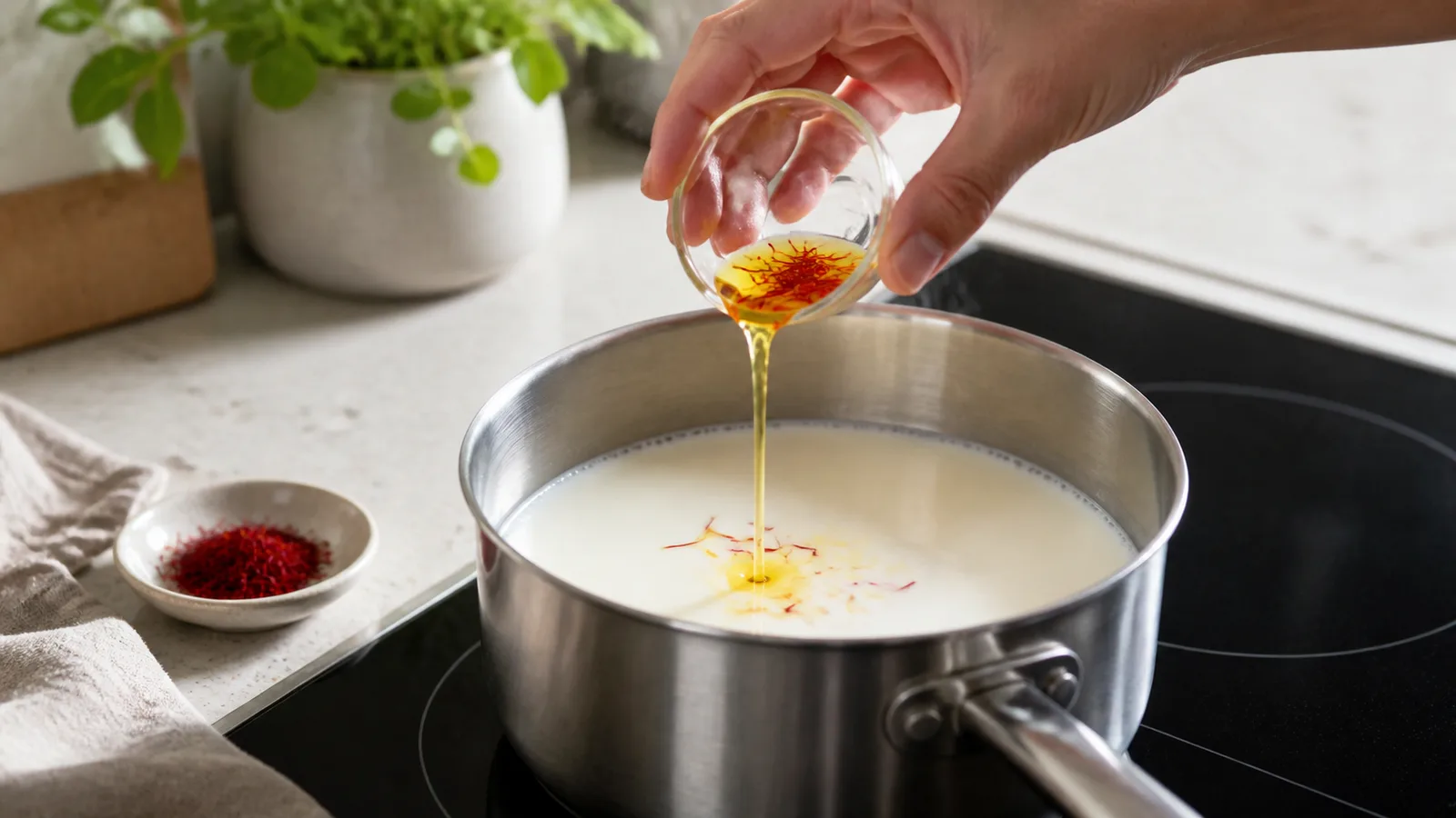Saffron infusion poured into warm milk in a saucepan