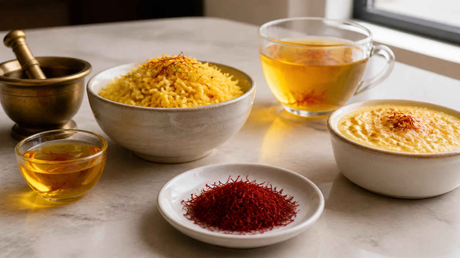 Saffron threads with saffron rice, tea and dessert