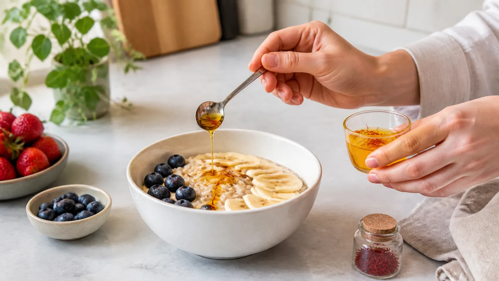 Small spoonful of saffron infusion added to breakfast