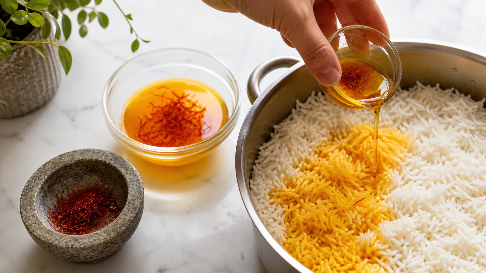 Saffron infusion poured over white rice beside crushed threads