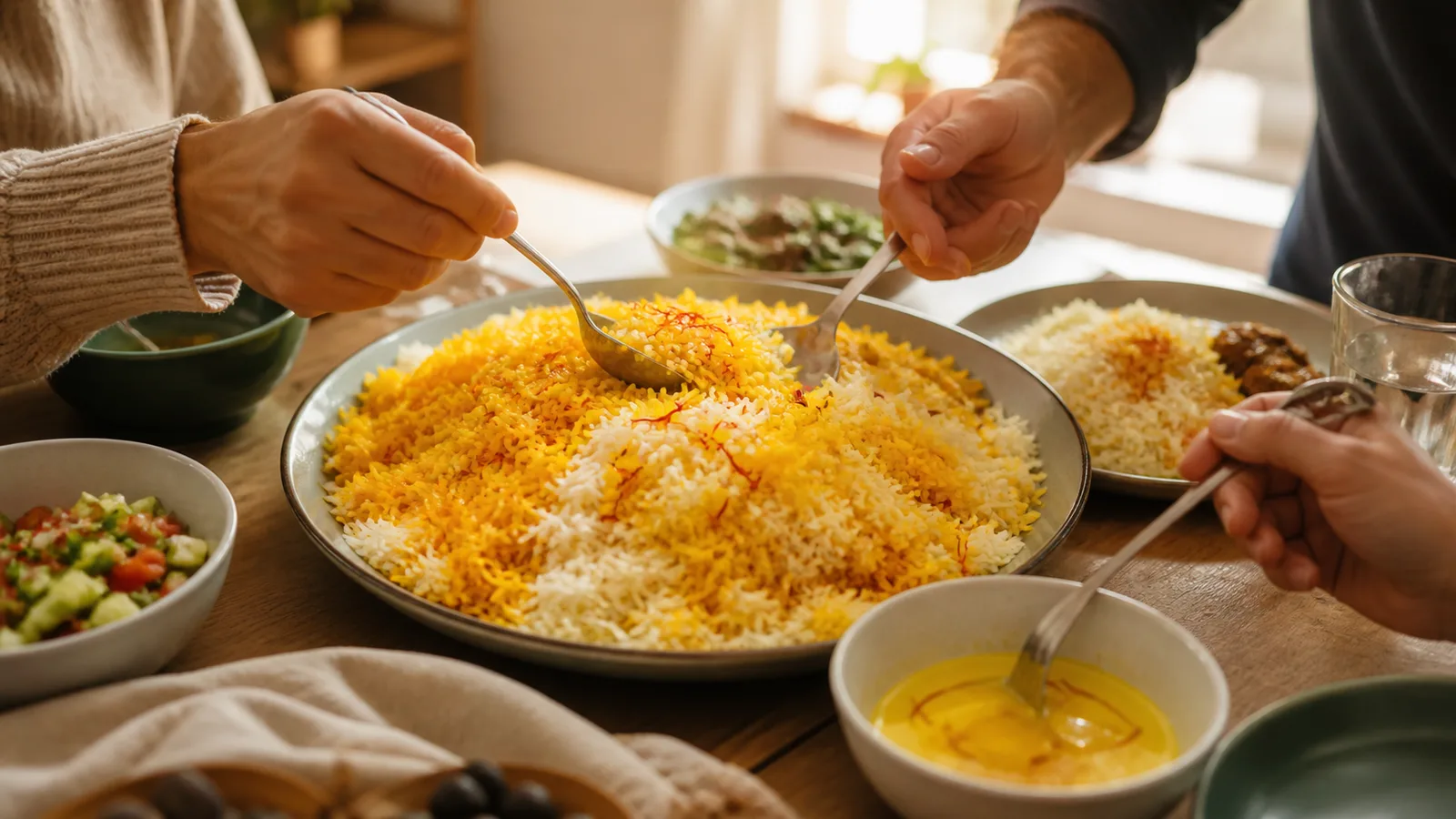 People sharing golden saffron rice around a dining table
