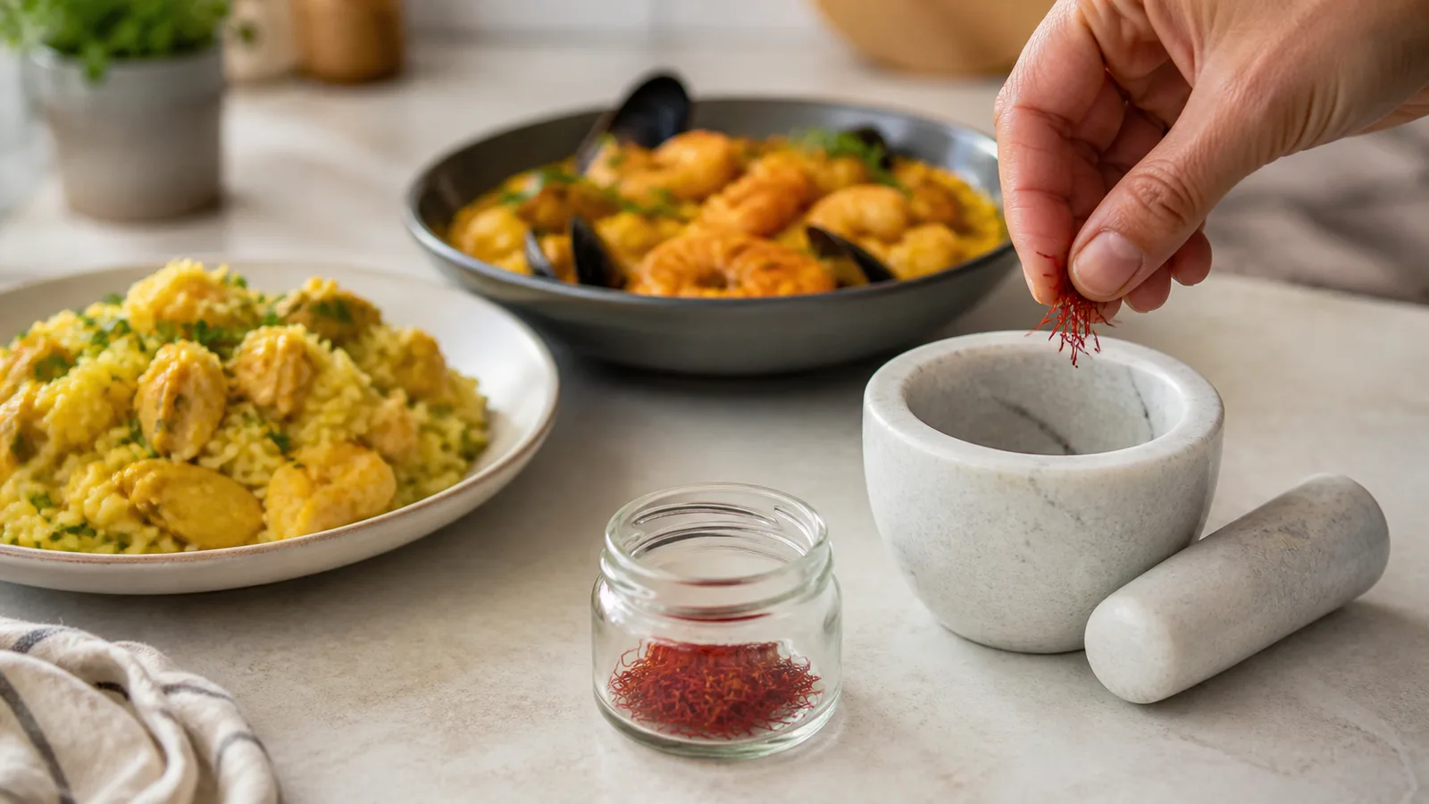 Small amount of saffron prepared beside two finished dishes