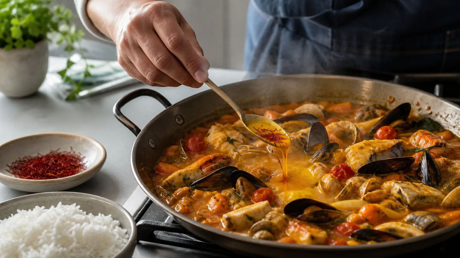 Cook stirring saffron infusion into a seafood stew