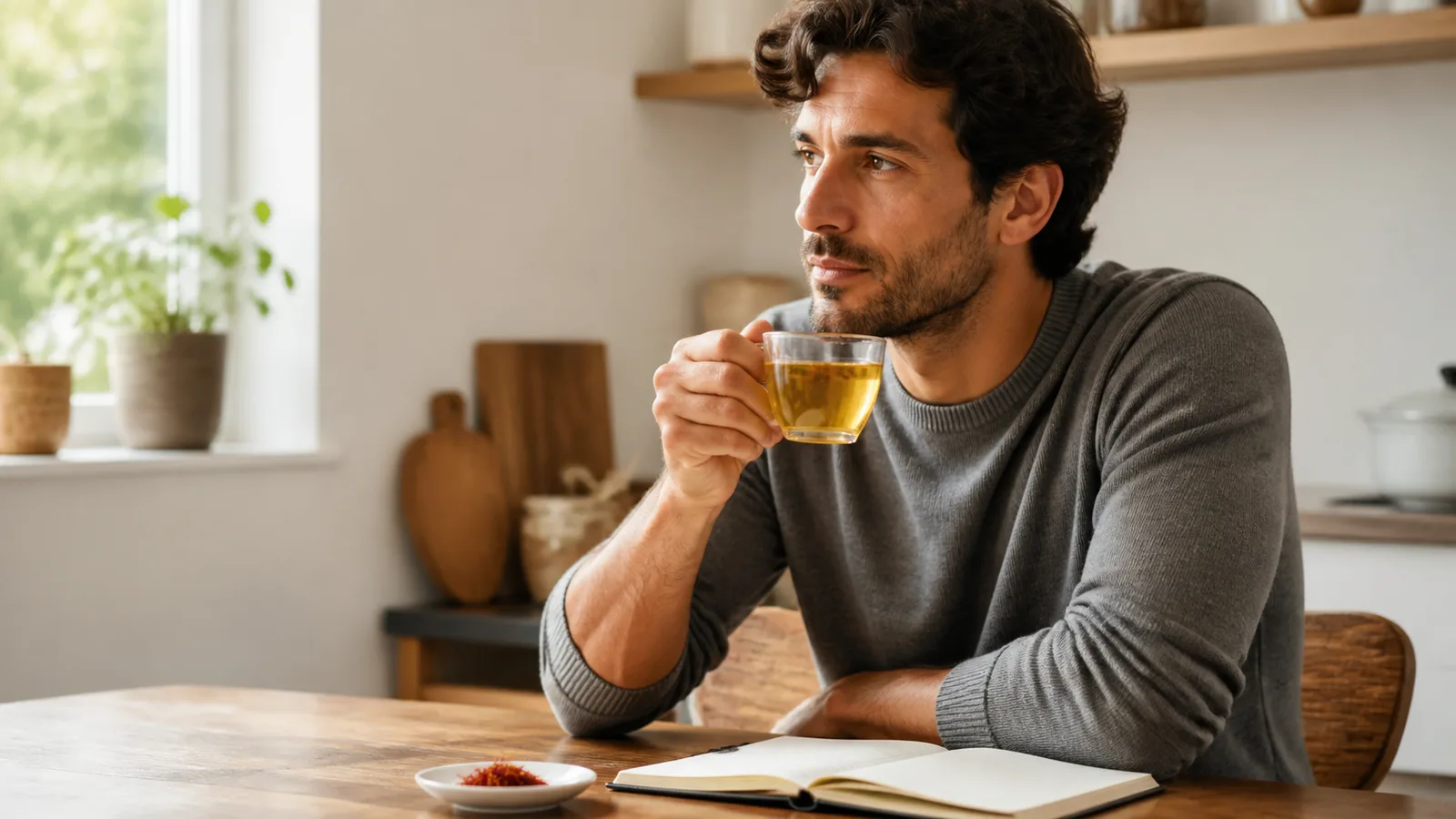 Person holding saffron tea while reading about mood and memory research