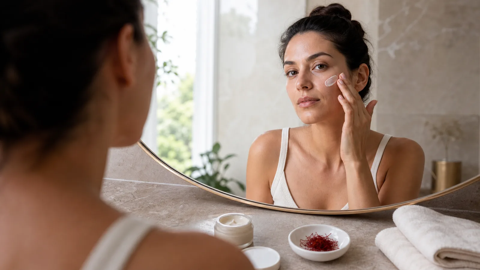Woman applying face cream beside a dish of saffron threads