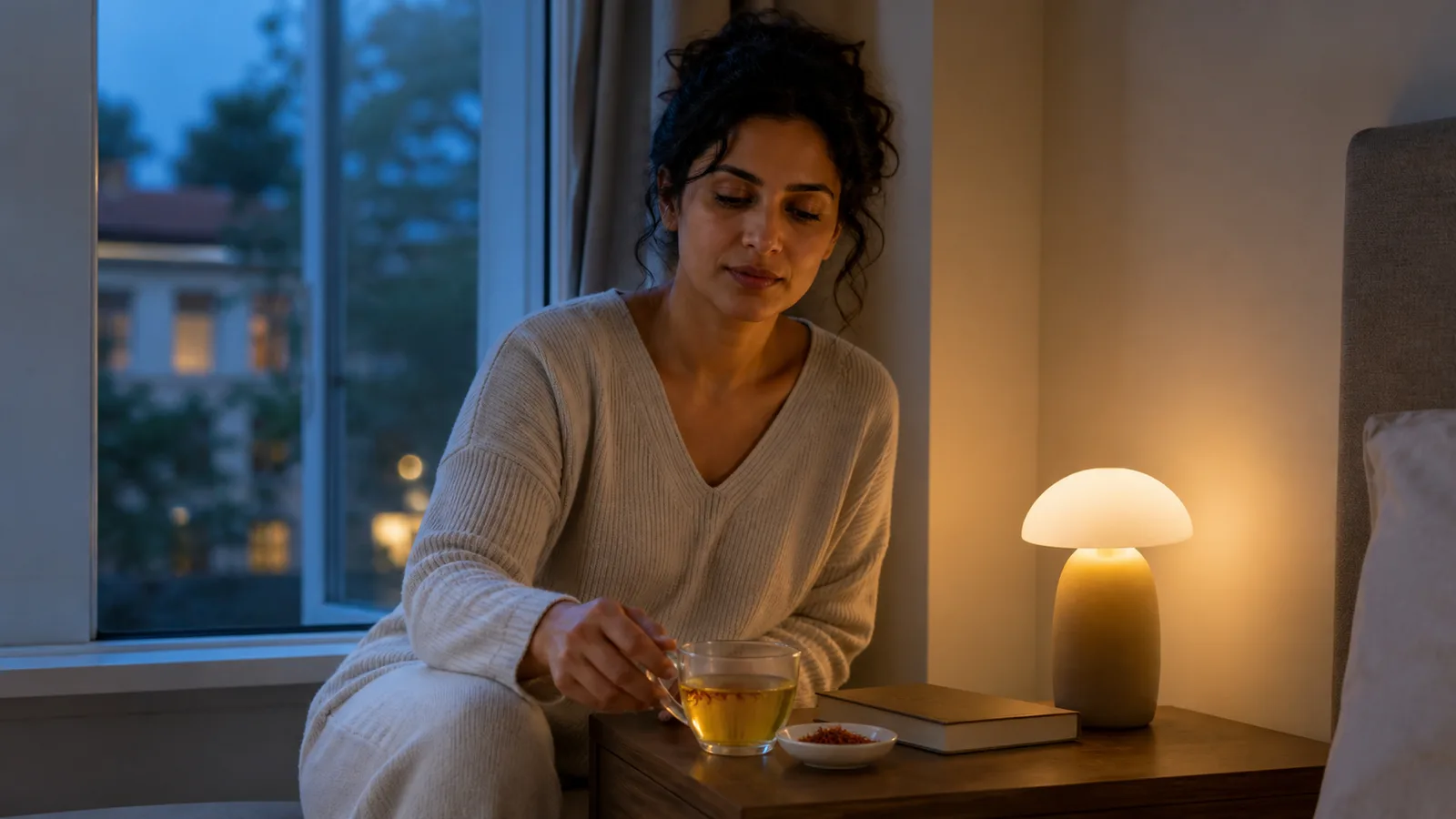 Woman setting down saffron tea beside a bed in the evening
