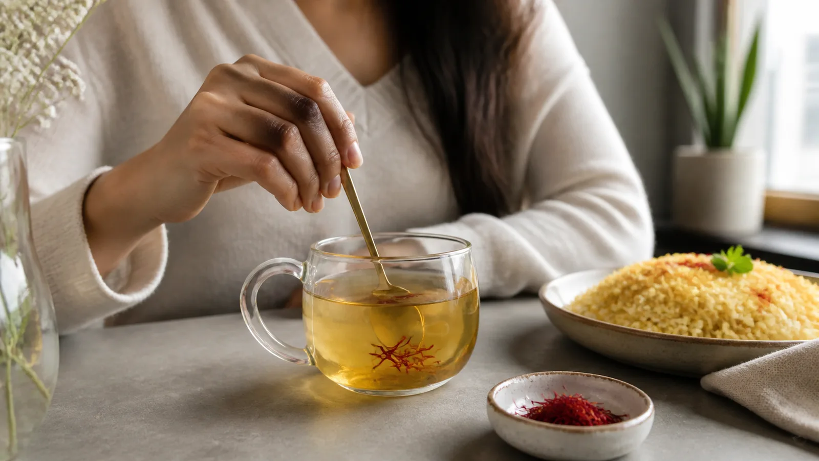 Saffron threads steeping in a clear cup beside saffron rice