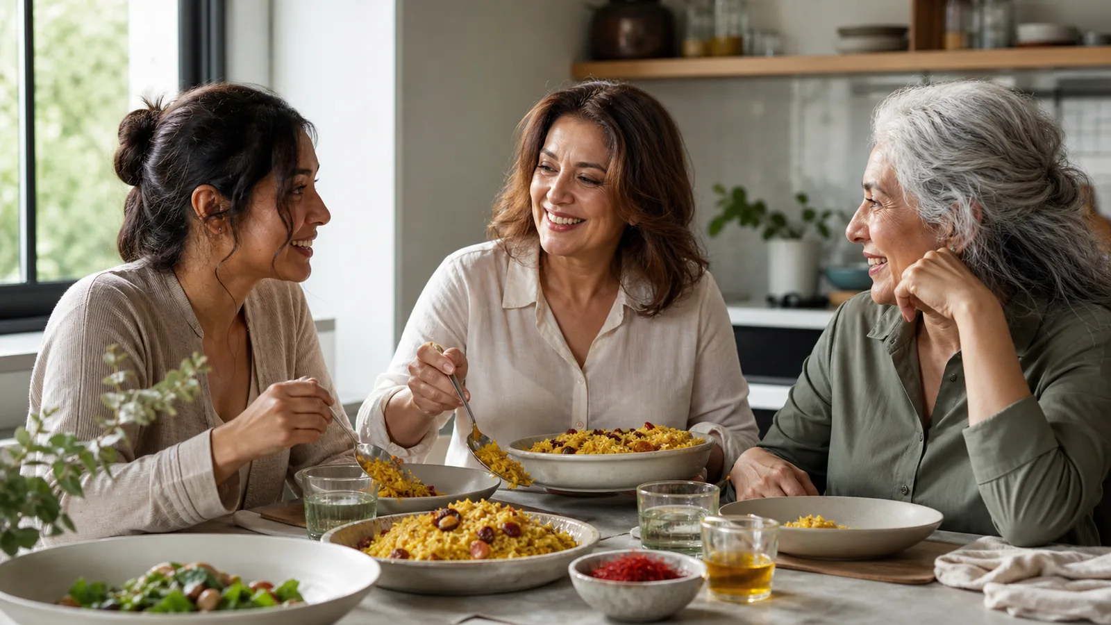 Three women sharing saffron rice at a kitchen table