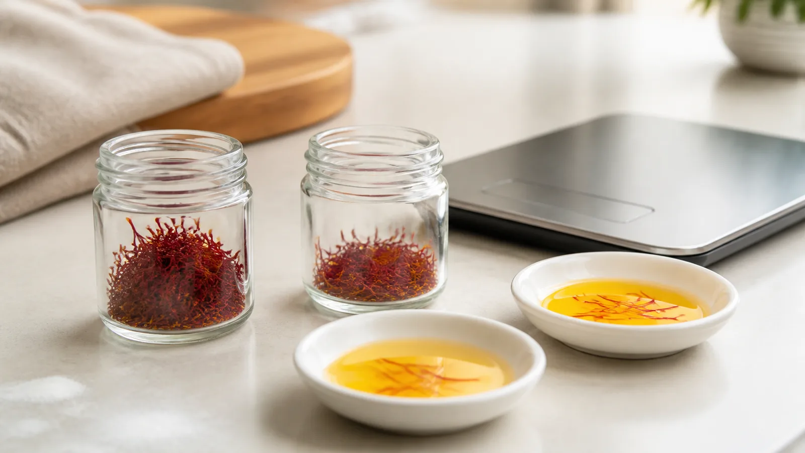 Two jars of saffron threads beside two saffron infusions for comparison