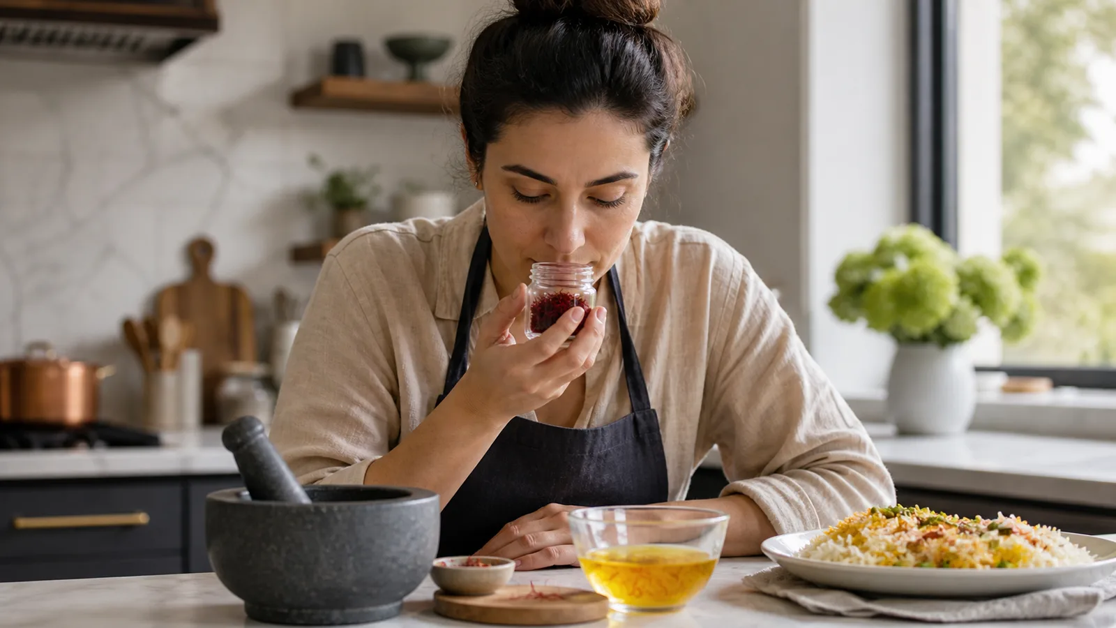 Cook smelling saffron threads beside an infusion and rice dish