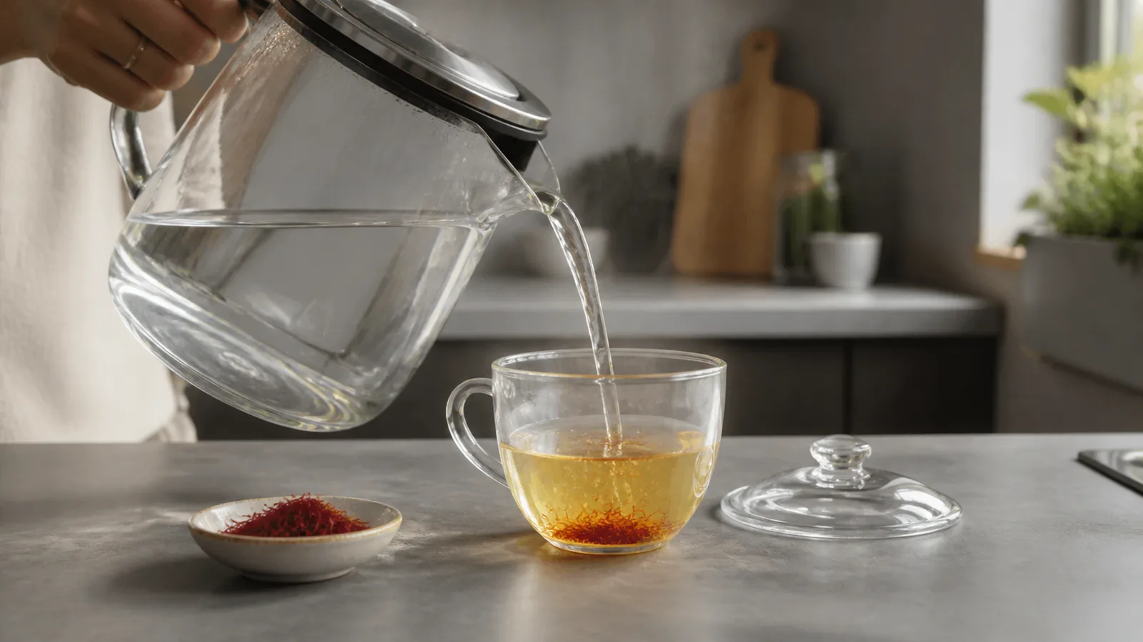 Hot water being poured over saffron threads in a clear cup