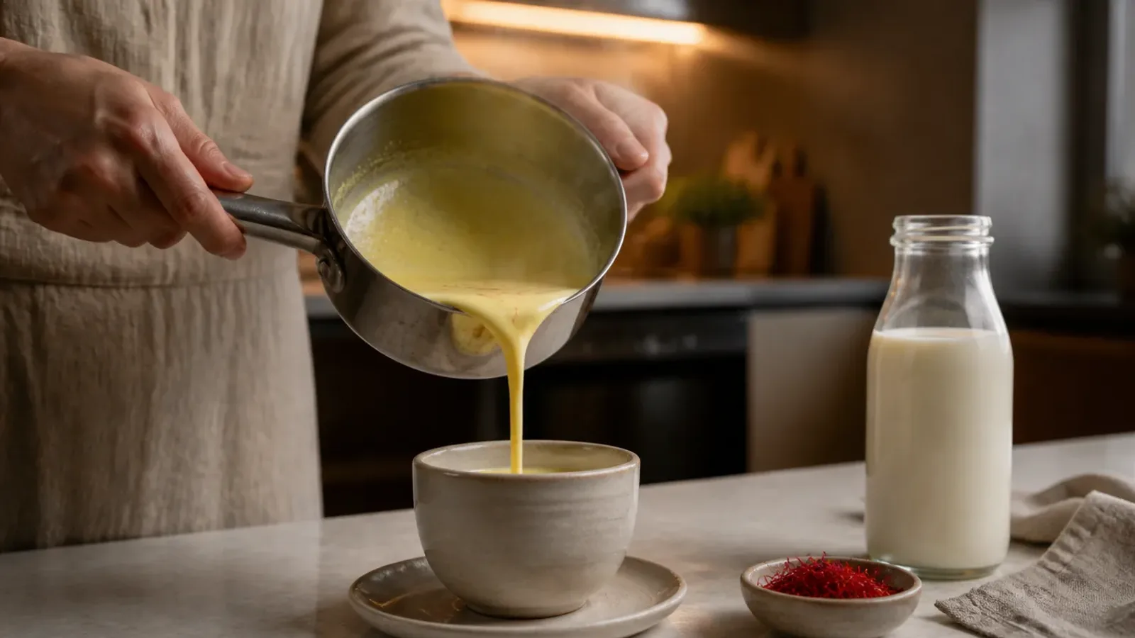 Warm saffron milk being poured into a ceramic cup