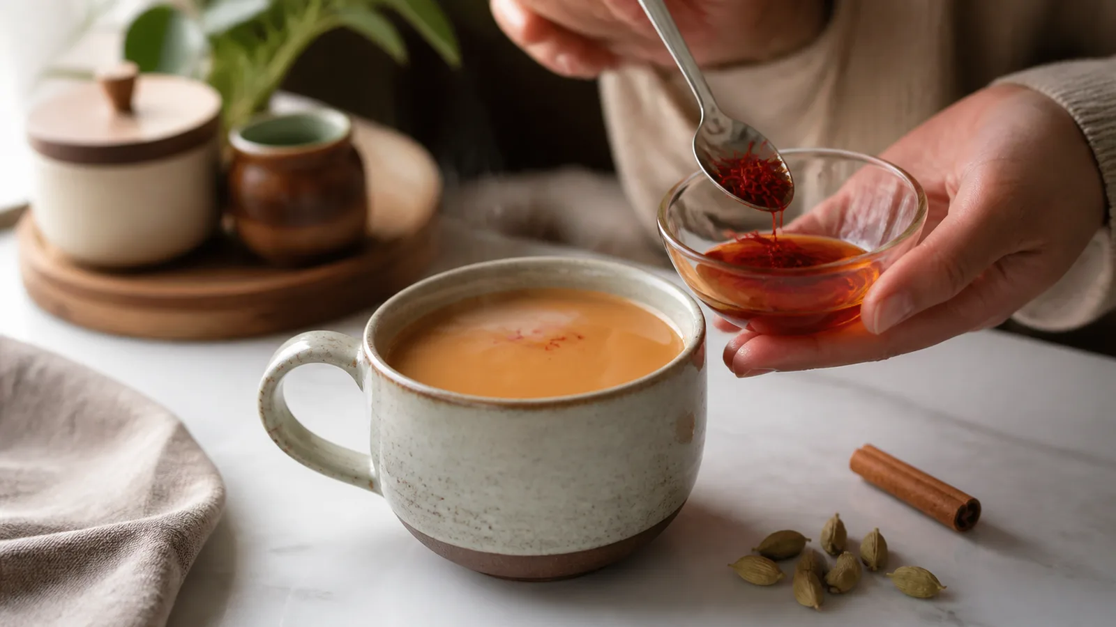 Bloomed saffron being added to a cup of milk tea
