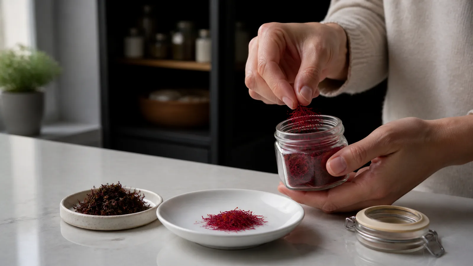 Fresh red saffron compared with dull clumped old threads
