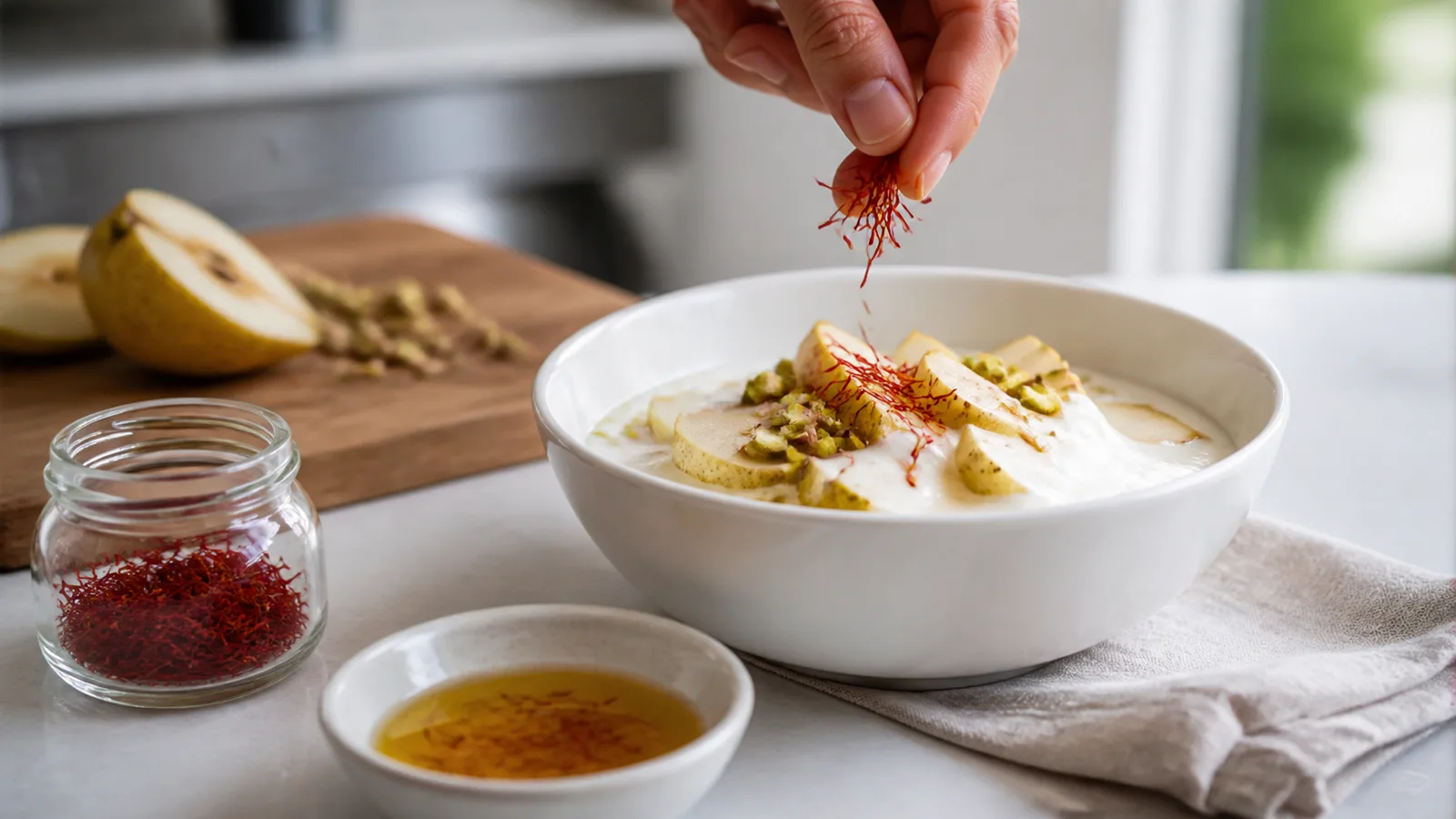 A few raw saffron threads being added to yoghurt