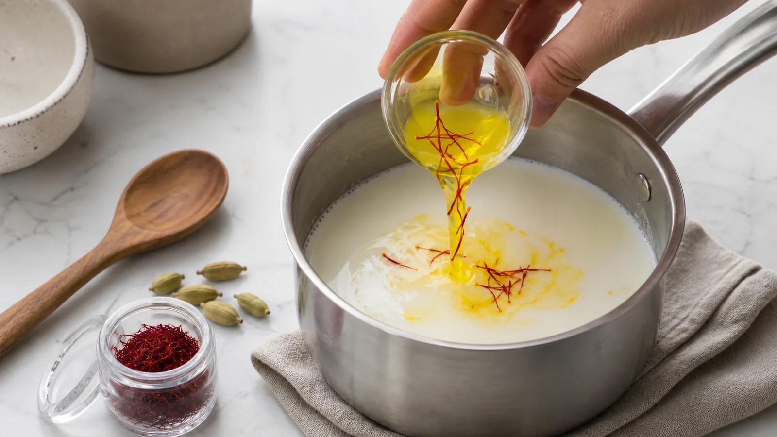 Bloomed saffron being poured into warm milk
