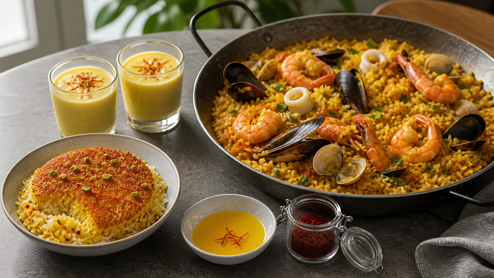 Saffron rice dishes and saffron milk desserts on a table
