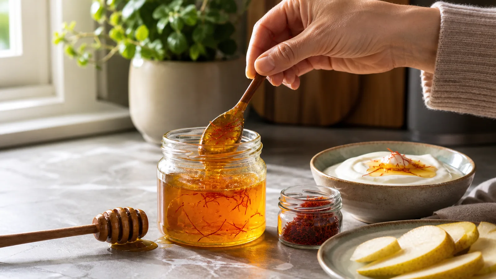 Saffron threads being stirred into a jar of honey