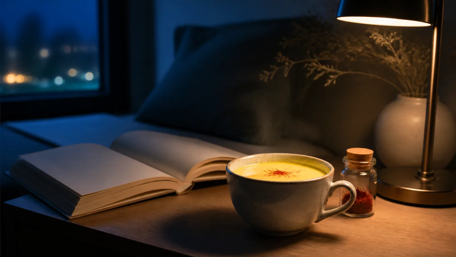 Warm saffron milk beside an open book at night