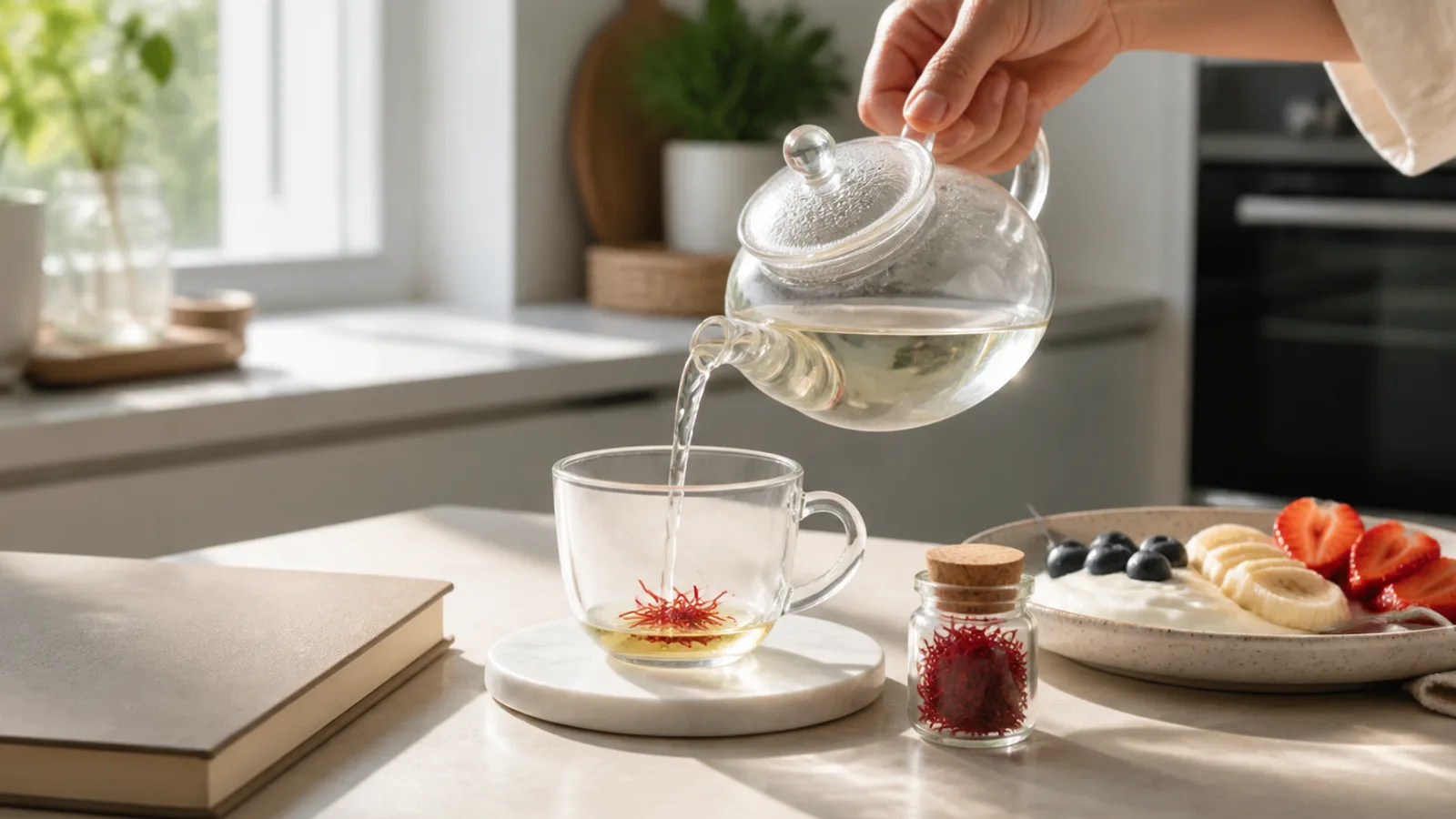 Warm water being poured over a few saffron threads