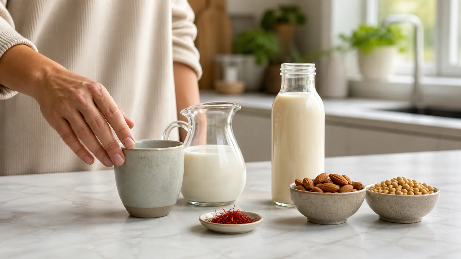 Dairy and plant milk ingredients beside saffron threads