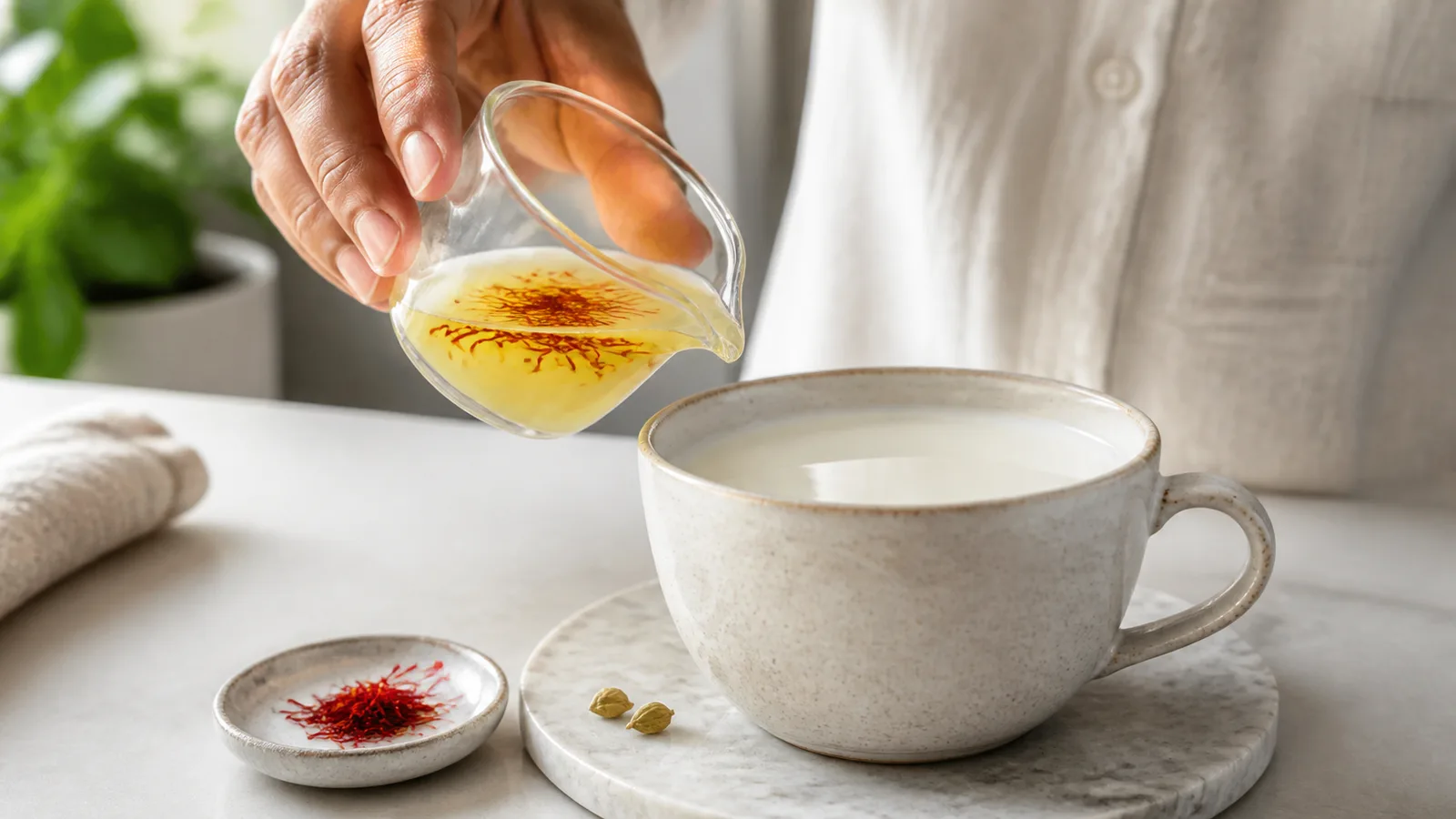 Bloomed saffron in warm milk ready to pour into a cup