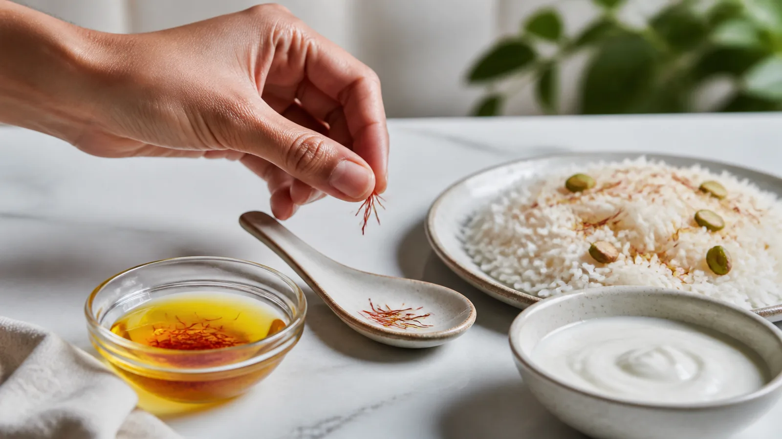 A few saffron threads held above a tasting spoon