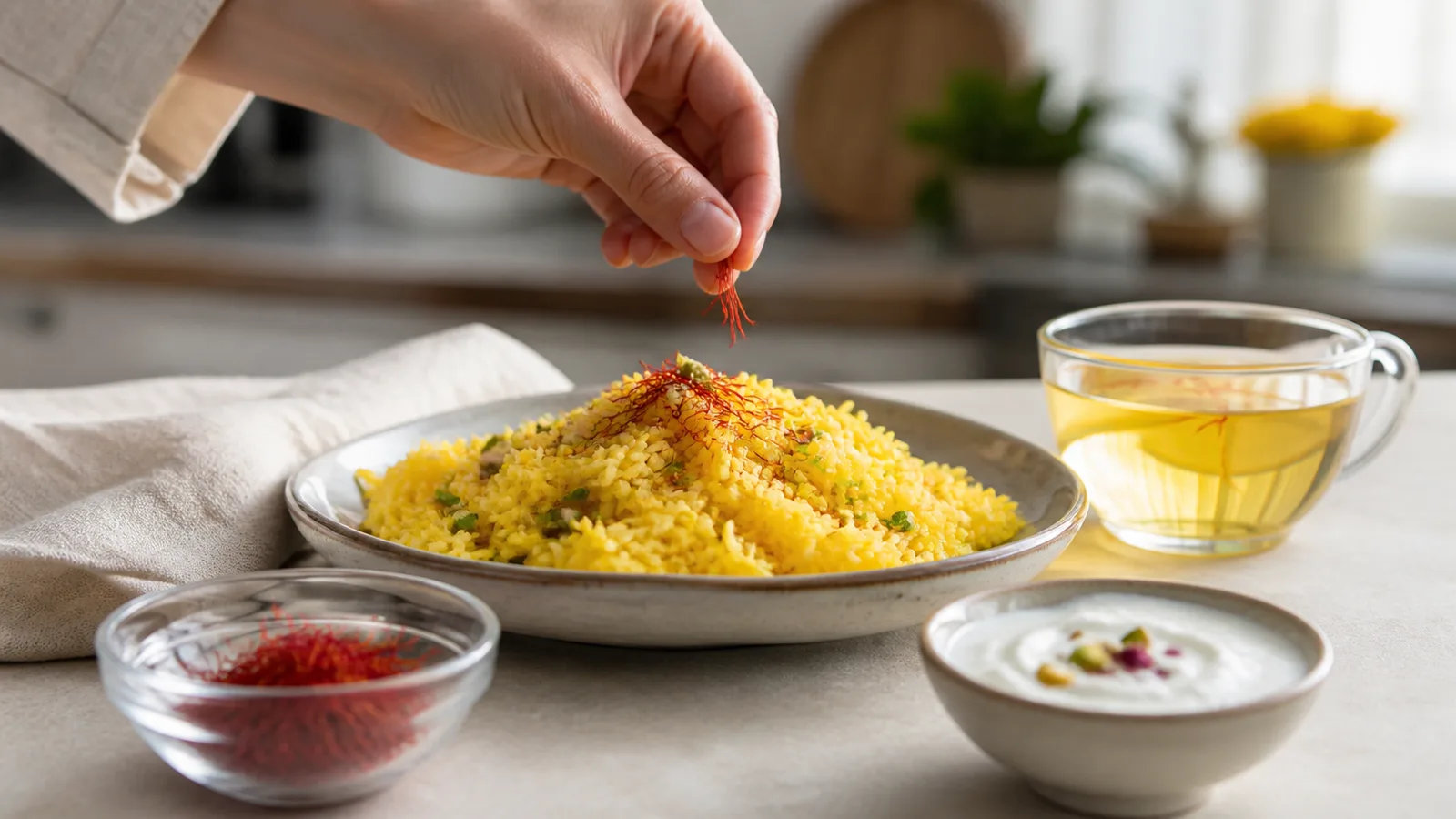Saffron threads added to rice beside saffron tea and yoghurt