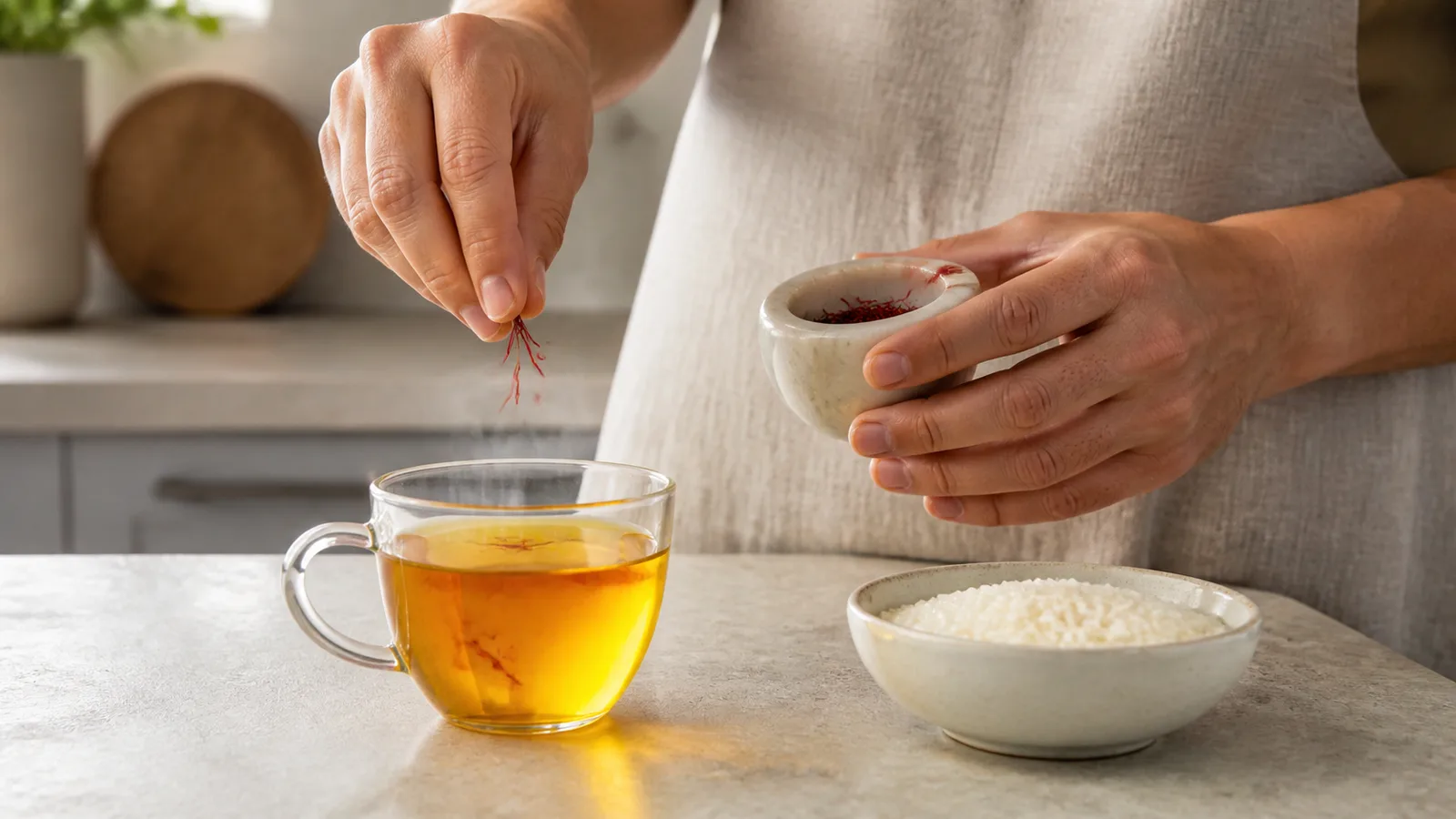 A person adding saffron threads to a warm infusion