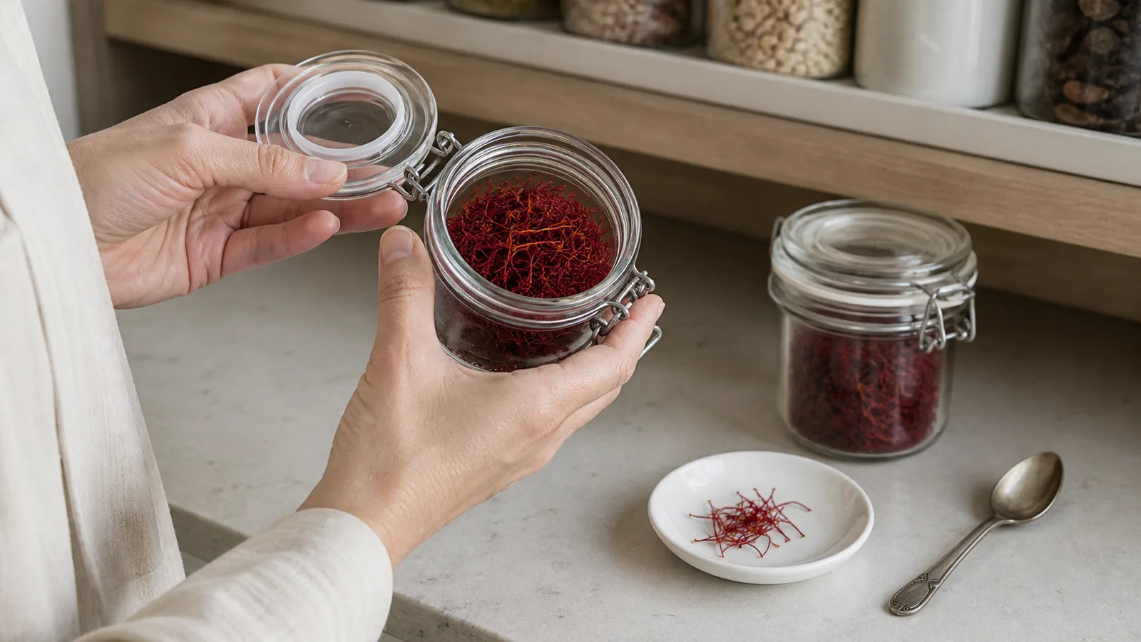 A person inspecting dry saffron threads in an airtight jar