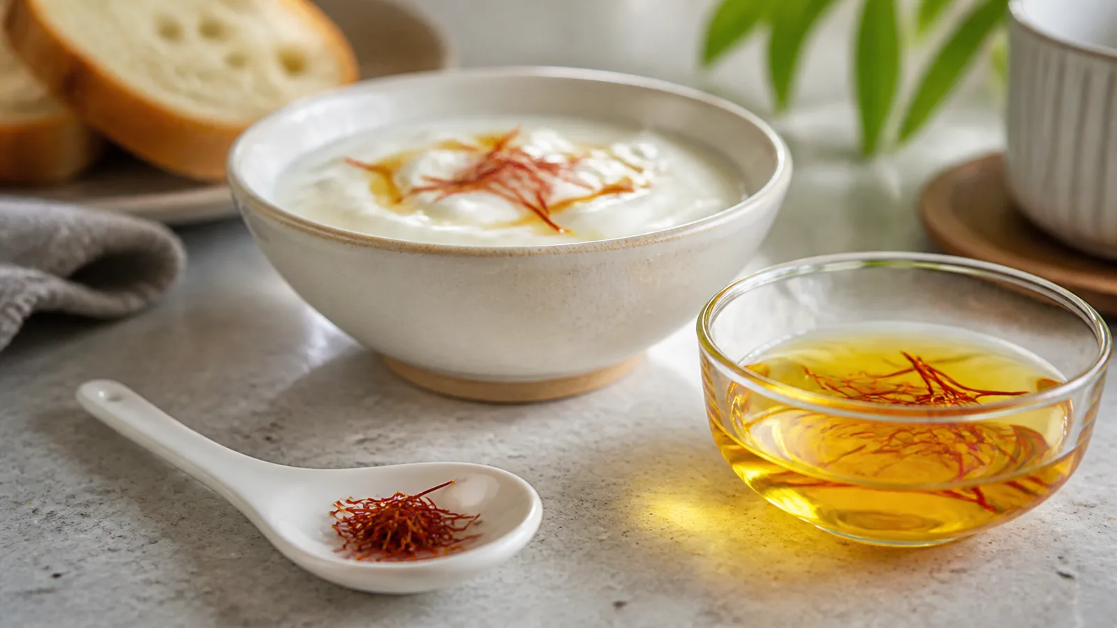 Dry saffron threads beside saffron infusion and yoghurt
